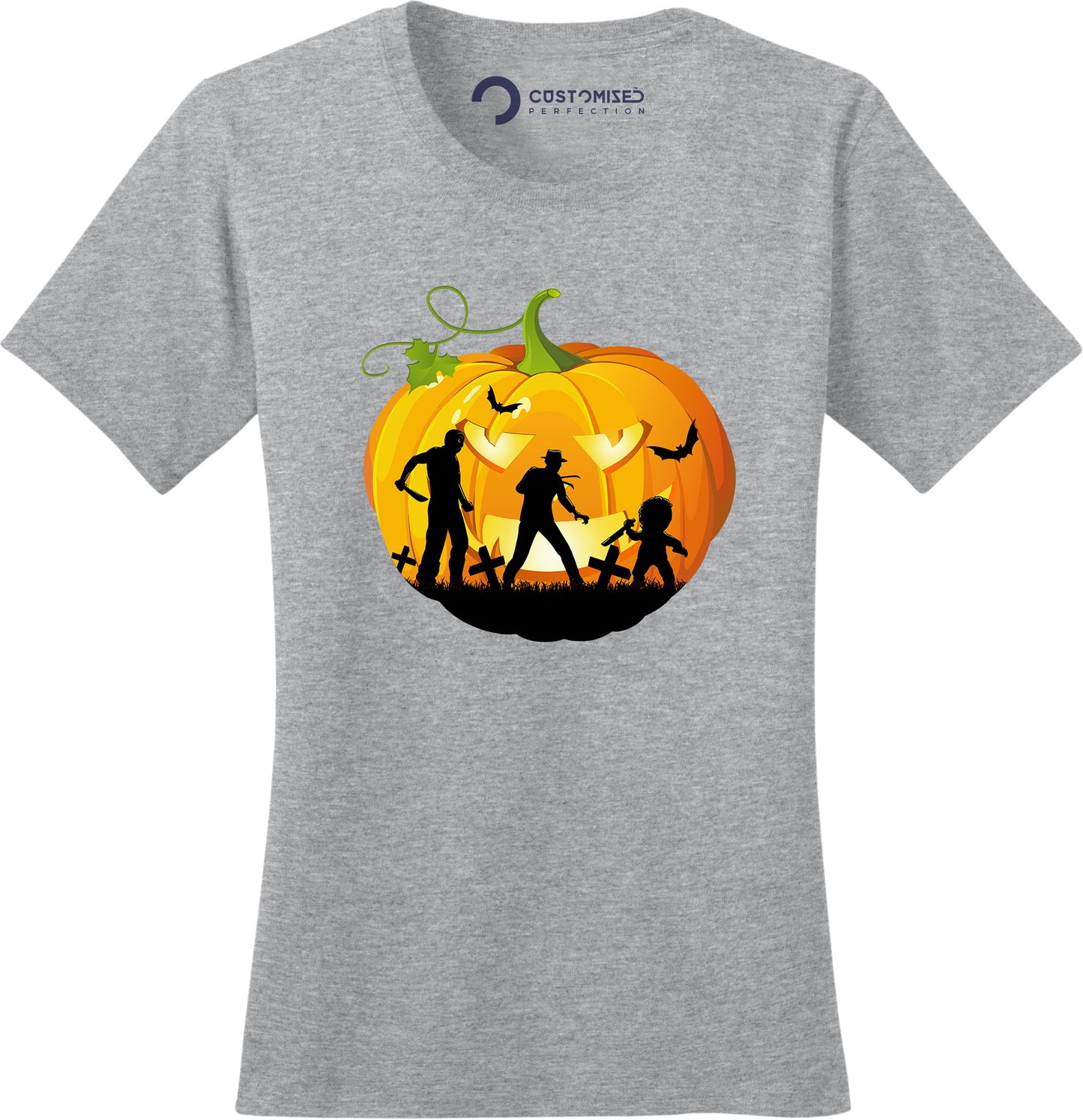 Pumpkin Horror Icons Halloween Shirts for Women - Michael Myers, Freddy Krueger, Chucky - Scary Movie Tee - Movie Merchandise